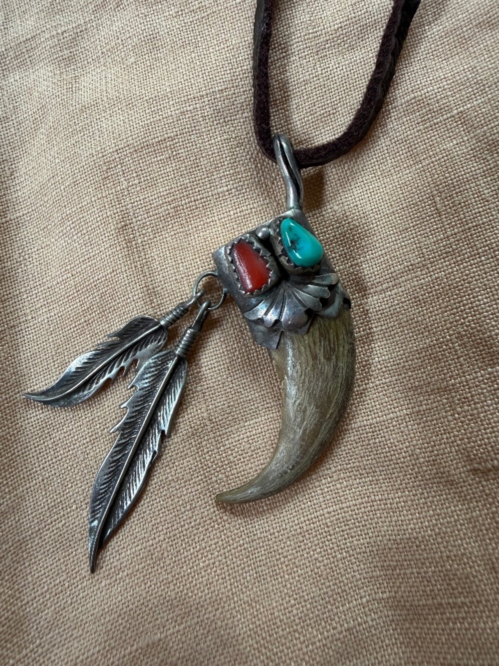 Sterling Silver 🐻 Claw Necklace with Turquoise, Coral & Feather Charms